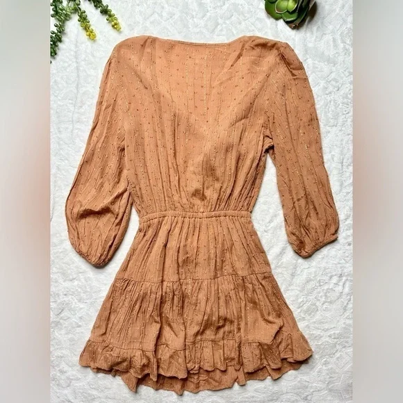 L*Space Stay Golden Lurex Long Sleeve Cutout Tie Front Mini Dress in Putty  XS